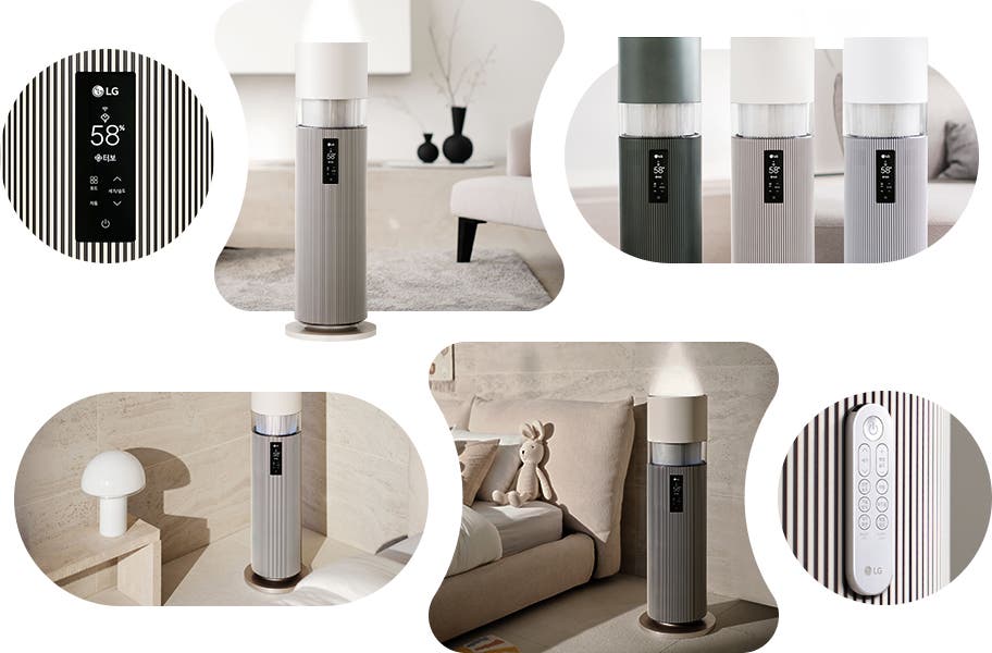 LG 로고와 함께 온도 58도, Wi-Fi, 필터, UVnano, 회전, 바람세기 등의 아이콘이 있는 디스플레이가 보입니다. 원통형 가습기가 다양한 색상으로 거실과 침실에 배치되어 있으며, 주변에는 소파, 러그, 장식품 등이 있습니다. 가습기 옆에 작은 램프와 인형이 놓여 있습니다. 리모컨에는 전원, 회전, 바람세기 조절 버튼 등이 있습니다.